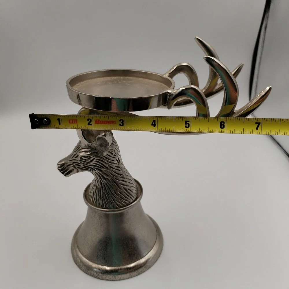 Silver Stag Head Pillar Candle Holder Metal‎ Antler Pedestal Lodge Christmas 9